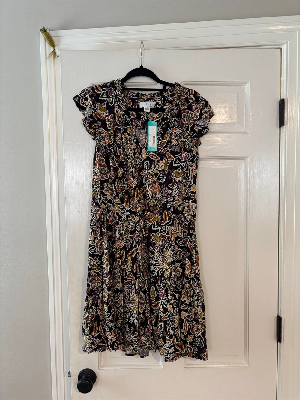 Velvet by Graham & Spencer Black Floral Tiered dress.  Drawstring waist.
